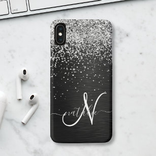 Custom Silver Glitter Black Sparkle Monogram iPhone 13 Pro Max Case