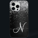 Custom Silver Glitter Black Sparkle Monogram iPhone 15 Pro Max Case<br><div class="desc">Easily personalise this trendy elegant phone case design featuring pretty silver sparkling glitter on a black brushed metallic background.</div>