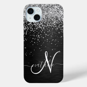 Custom Silver Glitter Black Sparkle Monogram iPhone 15 Mini Case