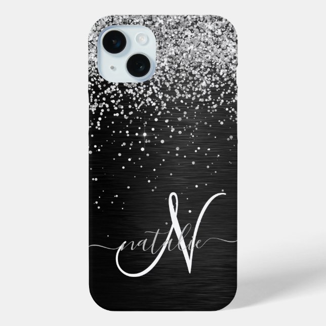Custom Silver Glitter Black Sparkle Monogram Case-Mate iPhone Case (Back)