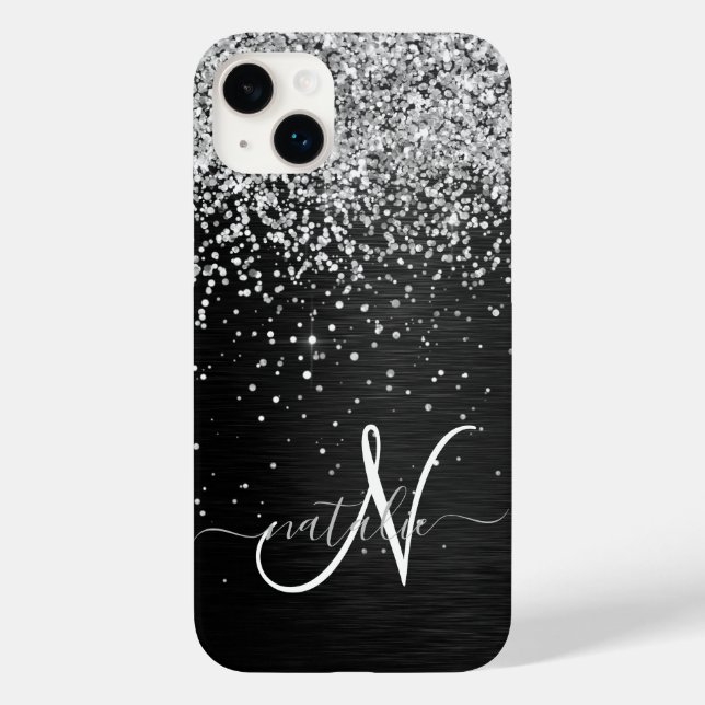 Custom Silver Glitter Black Sparkle Monogram Case-Mate iPhone Case (Back)