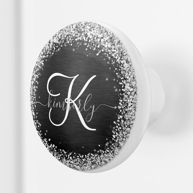 Custom Silver Glitter Black Sparkle Monogram Ceramic Knob (Creator Uploaded)