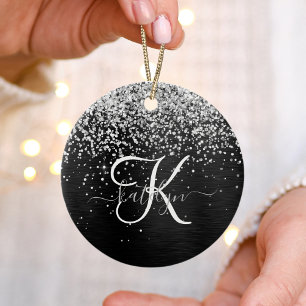Custom Silver Glitter Black Sparkle Monogram Ceramic Ornament