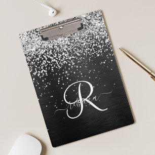 Custom Silver Glitter Black Sparkle Monogram Clipboard