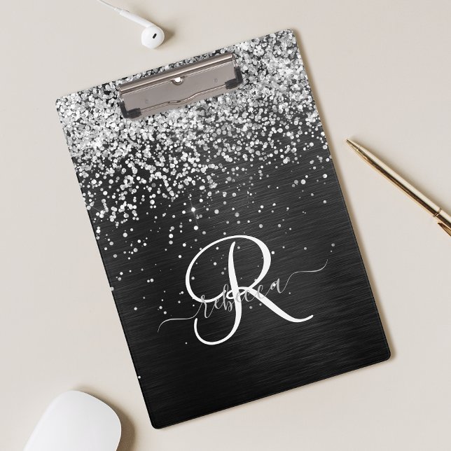 Custom Silver Glitter Black Sparkle Monogram Clipboard (Creator Uploaded)