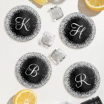 Custom Silver Glitter Black Sparkle Monogram Coaster Set<br><div class="desc">Easily personalise this trendy elegant coaster set design featuring pretty silver sparkling glitter on a black brushed metallic background.</div>