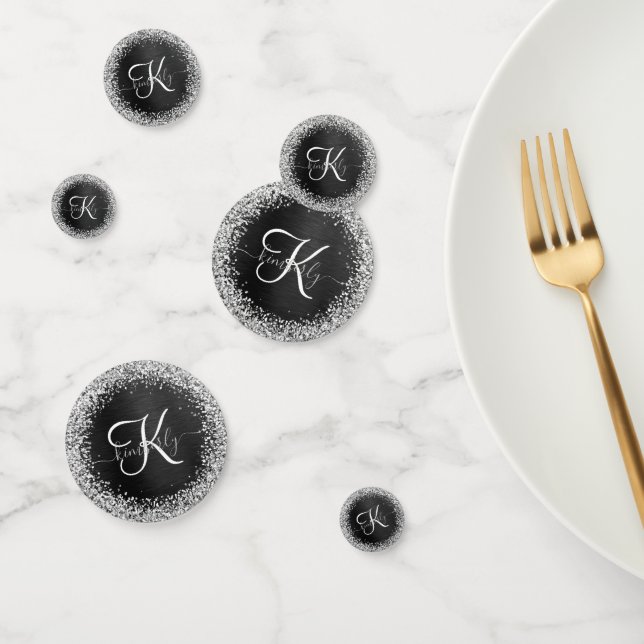 Custom Silver Glitter Black Sparkle Monogram Confetti (Group)