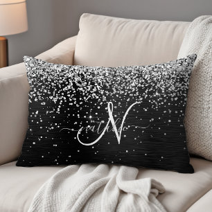 Custom Silver Glitter Black Sparkle Monogram Decorative Cushion