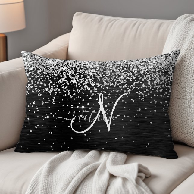  Custom Silver Glitter Black Sparkle Monogram Decorative Cushion (Creator Uploaded)