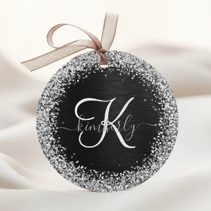 Custom Silver Glitter Black Sparkle Monogram Favour Tags