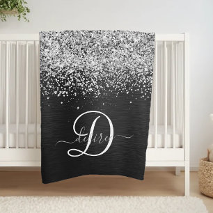 Custom Silver Glitter Black Sparkle Monogram Fleece Blanket