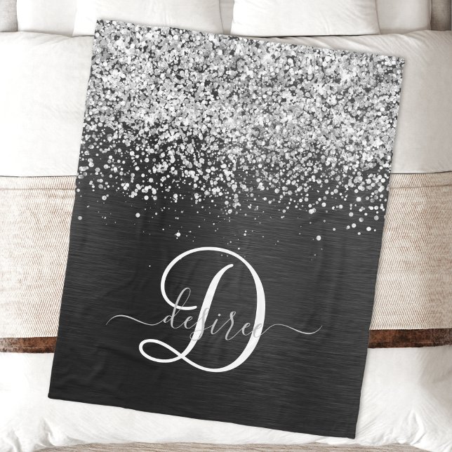 Custom Silver Glitter Black Sparkle Monogram Fleece Blanket (Creator Uploaded)