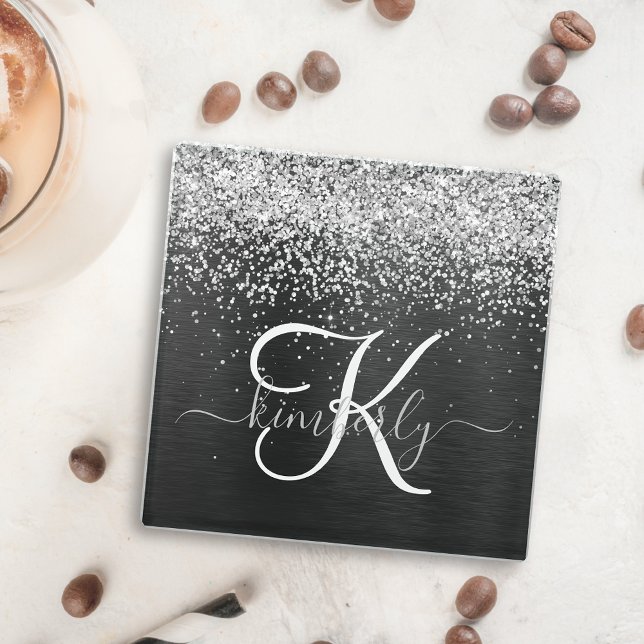 Custom Silver Glitter Black Sparkle Monogram Glass Coaster (Creator Uploaded)
