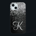 Custom Silver Glitter Black Sparkle Monogram iPhone 15 Case<br><div class="desc">Easily personalise this trendy elegant phone case design featuring pretty silver sparkling glitter on a black brushed metallic background.</div>