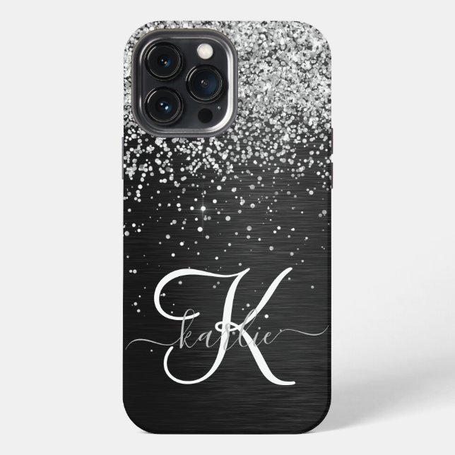 Custom Silver Glitter Black Sparkle Monogram iPhone Case (Back)