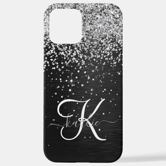 Custom Silver Glitter Black Sparkle Monogram iPhone Case (Back)