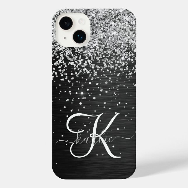 Custom Silver Glitter Black Sparkle Monogram iPhone Case (Back)