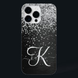 Custom Silver Glitter Black Sparkle Monogram iPhone 14 Pro Max Case<br><div class="desc">Easily personalise this trendy elegant phone case design featuring pretty silver sparkling glitter on a black brushed metallic background.</div>