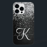 Custom Silver Glitter Black Sparkle Monogram iPhone 14 Pro Max Case<br><div class="desc">Easily personalise this trendy elegant phone case design featuring pretty silver sparkling glitter on a black brushed metallic background.</div>