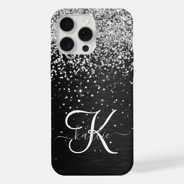 Custom Silver Glitter Black Sparkle Monogram iPhone Case (Back)