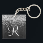 Custom Silver Glitter Black Sparkle Monogram Key Ring<br><div class="desc">Easily personalise this trendy elegant keychain design featuring pretty silver sparkling glitter on a black brushed metallic background.</div>