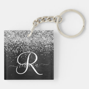 Custom Silver Glitter Black Sparkle Monogram Key Ring