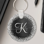 Custom Silver Glitter Black Sparkle Monogram Key Ring<br><div class="desc">Easily personalise this trendy elegant keychain design featuring pretty silver sparkling glitter on a black brushed metallic background.</div>