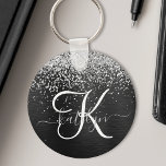 Custom Silver Glitter Black Sparkle Monogram Key Ring<br><div class="desc">Easily personalize this trendy elegant keychain design featuring pretty silver sparkling glitter on a black brushed metallic background.</div>