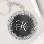 Custom Silver Glitter Black Sparkle Monogram Key Ring<br><div class="desc">Easily personalise this trendy elegant keychain design featuring pretty silver sparkling glitter on a black brushed metallic background.</div>