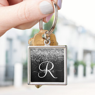 Custom Silver Glitter Black Sparkle Monogram Key Ring