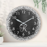 Custom Silver Glitter Black Sparkle Monogram Large Clock<br><div class="desc">Easily personalise this trendy elegant clock design featuring pretty silver sparkling glitter on a black brushed metallic background.</div>