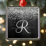 Custom Silver Glitter Black Sparkle Monogram Metal Ornament<br><div class="desc">Easily personalise this trendy elegant metal ornament design featuring pretty silver sparkling glitter on a black brushed metallic background.</div>