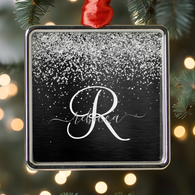 Custom Silver Glitter Black Sparkle Monogram Metal Ornament (Creator Uploaded)