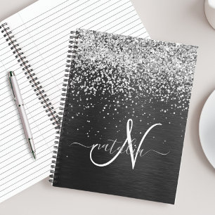 Custom Silver Glitter Black Sparkle Monogram Notebook