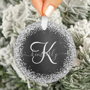 Custom Silver Glitter Black Sparkle Monogram Ornament