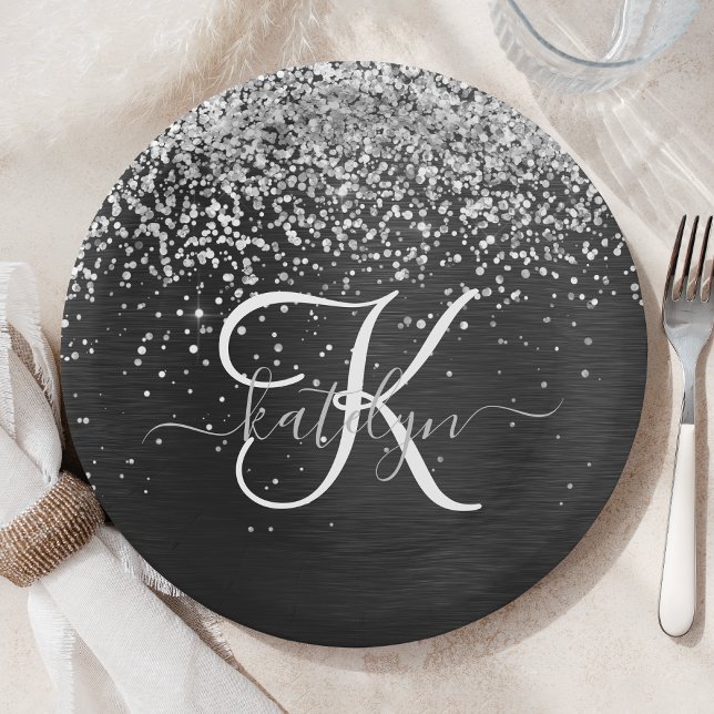 Custom Silver Glitter Black Sparkle Monogram Paper Plate (Creator Uploaded)