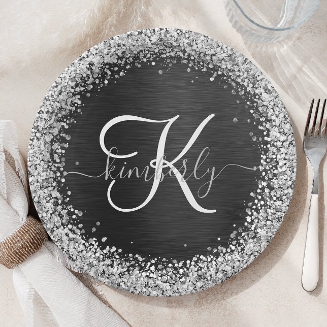 Custom Silver Glitter Black Sparkle Monogram Paper Plate (Creator Uploaded)