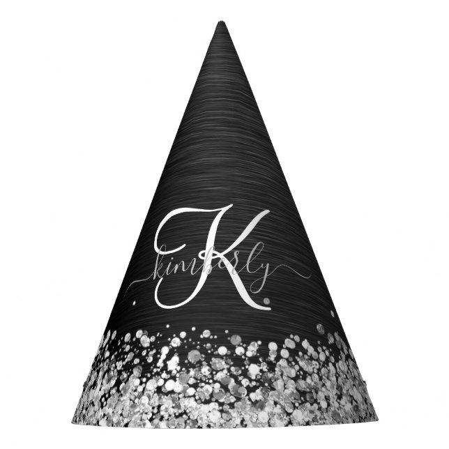 Custom Silver Glitter Black Sparkle Monogram Party Hat (Front)