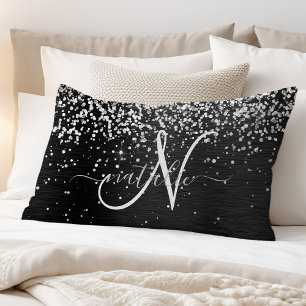 Custom Silver Glitter Black Sparkle Monogram Pillowcase