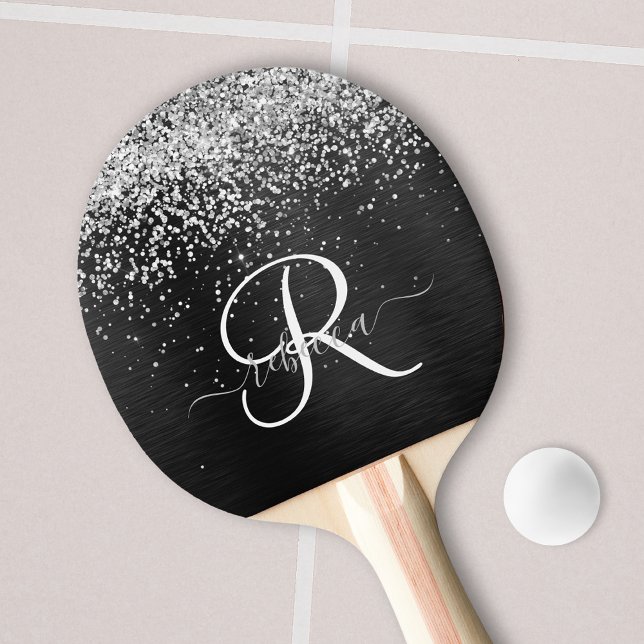 Custom Silver Glitter Black Sparkle Monogram Ping Pong Paddle (Creator Uploaded)
