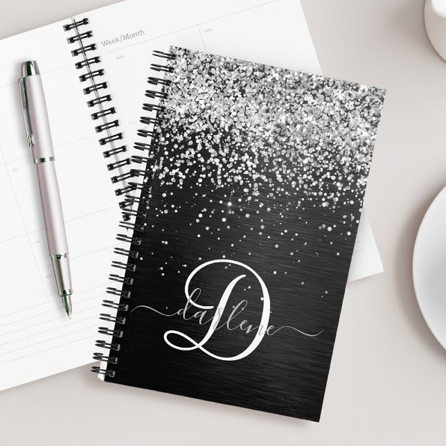 Custom Silver Glitter Black Sparkle Monogram Planner (Creator Uploaded)