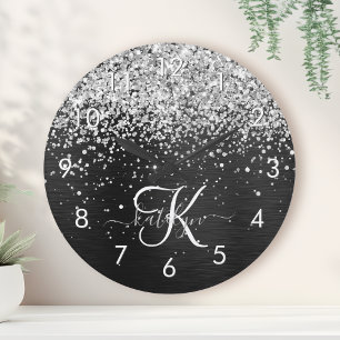 Custom Silver Glitter Black Sparkle Monogram Round Clock