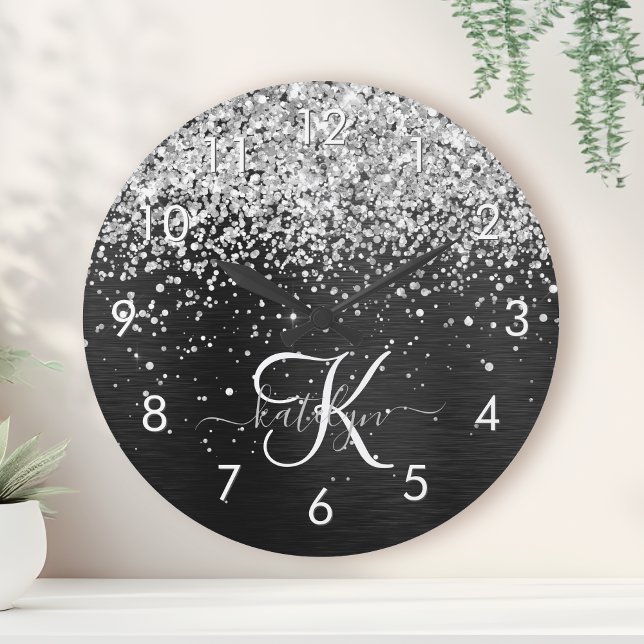Custom Silver Glitter Black Sparkle Monogram Round Clock (Creator Uploaded)