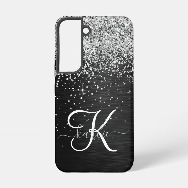  Custom Silver Glitter Black Sparkle Monogram Samsung Galaxy S22 Case (Back)
