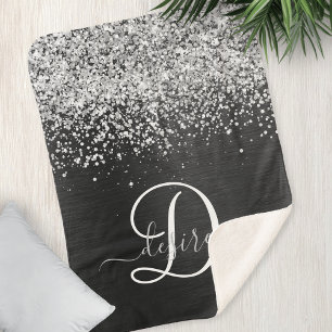Custom Silver Glitter Black Sparkle Monogram Sherpa Blanket