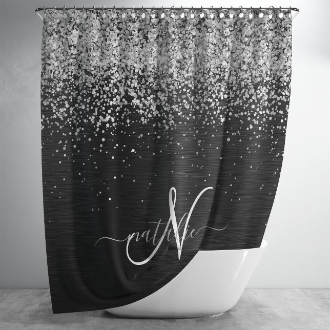 Custom Silver Glitter Black Sparkle Monogram Shower Curtain (Creator Uploaded)