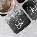 Custom Silver Glitter Black Sparkle Monogram Square Paper Coaster<br><div class="desc">Easily personalise this trendy elegant square paper coaster design featuring pretty silver sparkling glitter on a black brushed metallic background.</div>