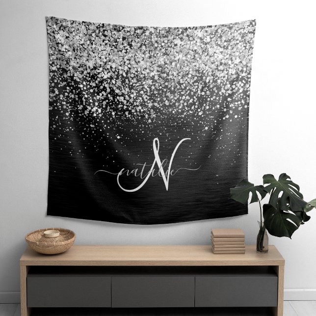 Custom Silver Glitter Black Sparkle Monogram Tapestry (Creator Uploaded)