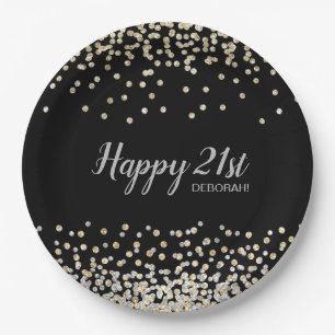 Custom Silver Gold Confetti 21st Birthday Party Paper Plate