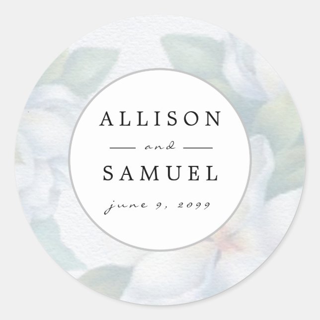 Custom Silver White Dogwood Blossoms Wedding Classic Round Sticker (Front)